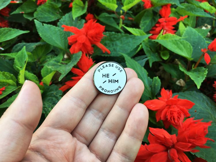 A white pin badge reading 'Please use he/him pronouns'. In the background there are bright red flowers and green leaves.